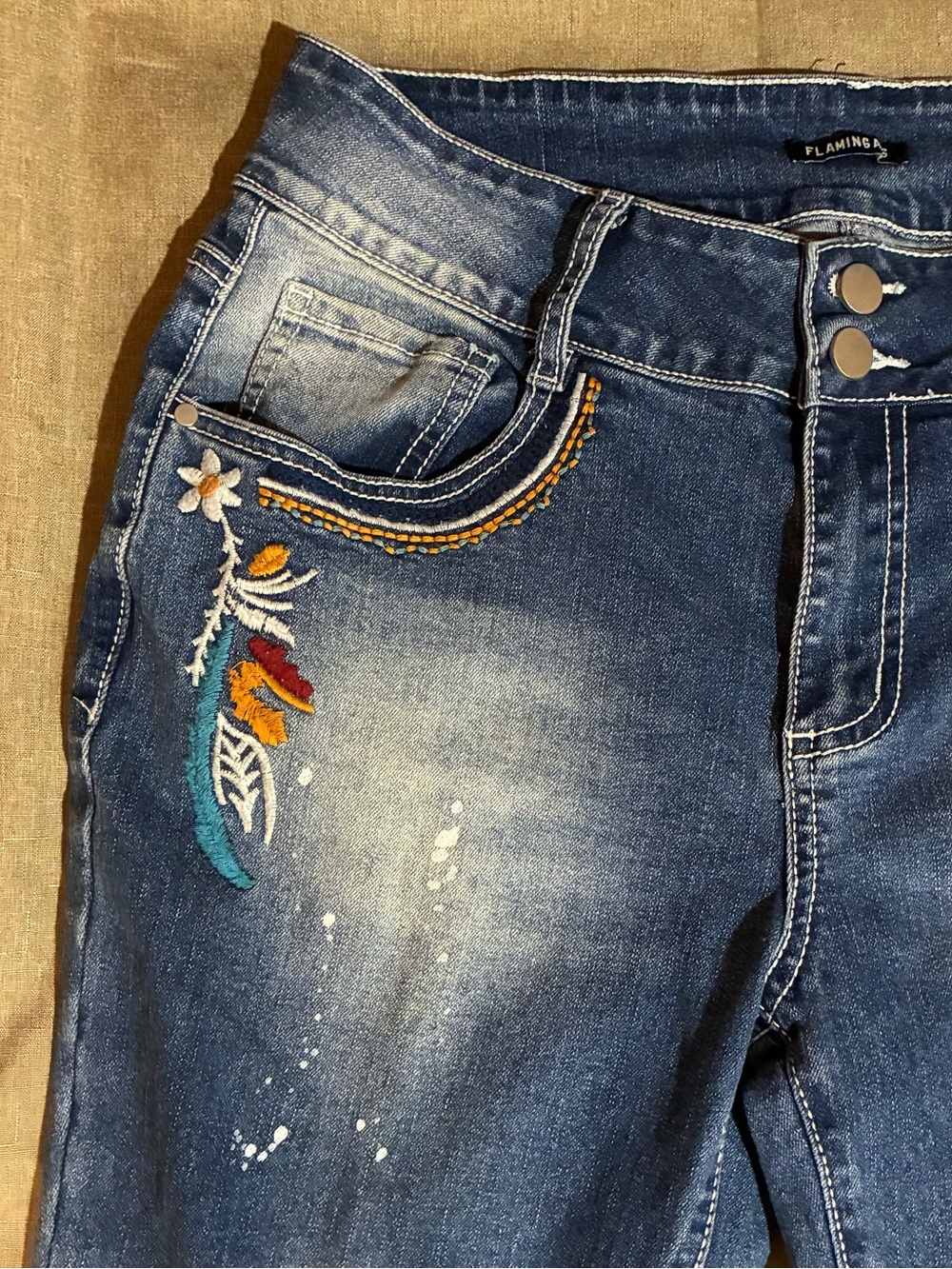 Flamingals Mid-rise Bootcut Embroidered Paint Splatter Denim Jeans Embellished L - Picture 5 of 13